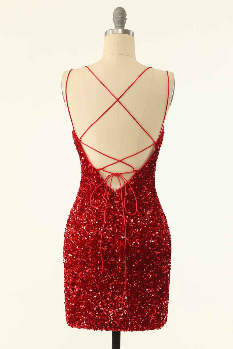 Vestidos de fiesta cortos ajustados con lentejuelas rojas y cordones