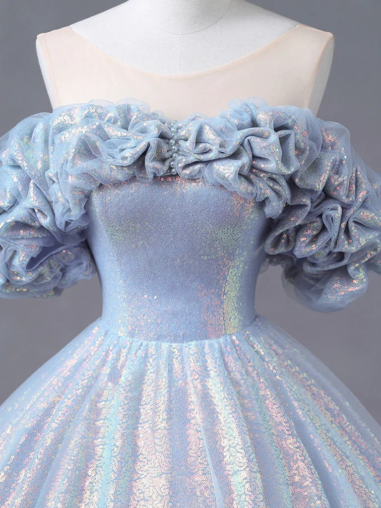 A-Line Off Shoulder Tulle Sequin Blue Purple Long Prom Dress, Sequin Formal Dress fg4440