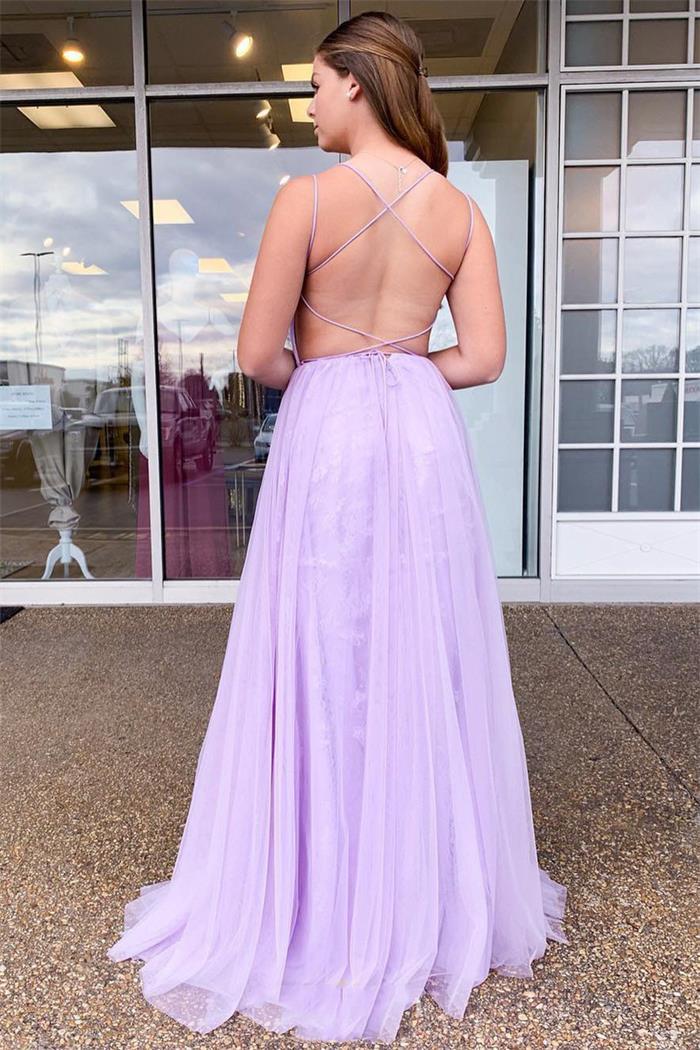 Spaghetti Straps Tulle Lilac Prom Dress, Backless Formal Evening Dress With Lace GP52