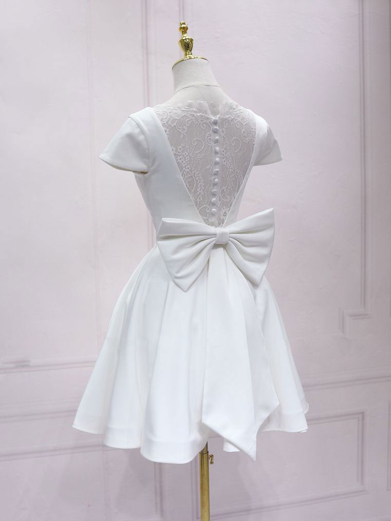 White v neck satin lace short prom dress, white homecoming dress