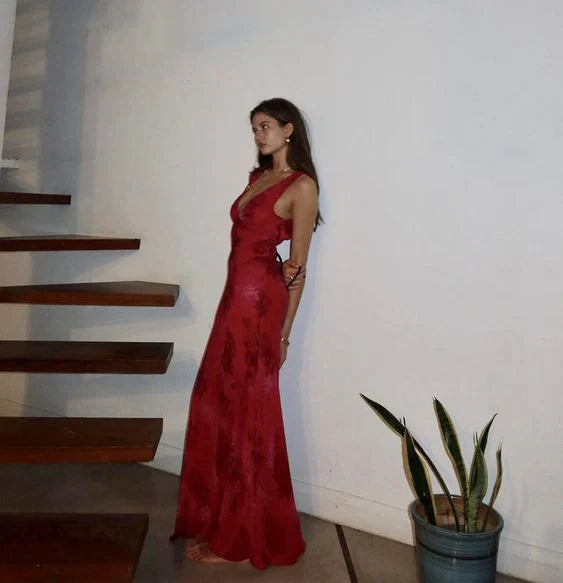 Elegant V-Neck Rose Print Dress Women Sleeveless Evening Party Vintage Evening Dress cg25380