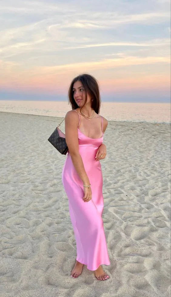 Simple Straps Sleeveless Party Dress Satin Pink Prom Dress fg5332
