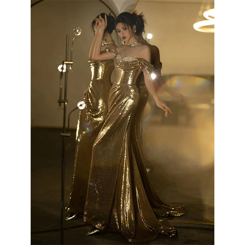 Vestido de noche con lentejuelas doradas brillantes, vestidos de fiesta de sirena