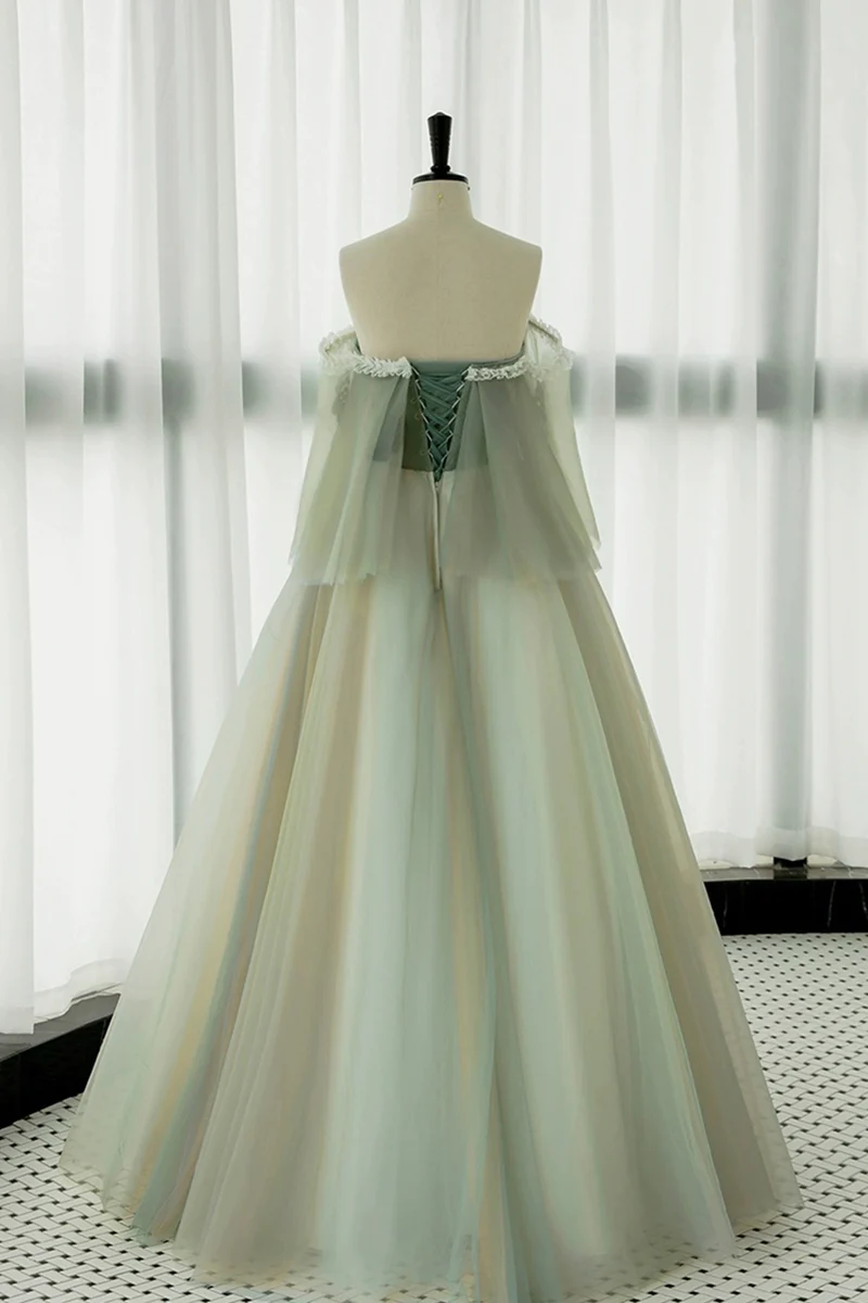 Vestido de fiesta de tul verde claro sin tirantes, corte A, vestidos de noche únicos