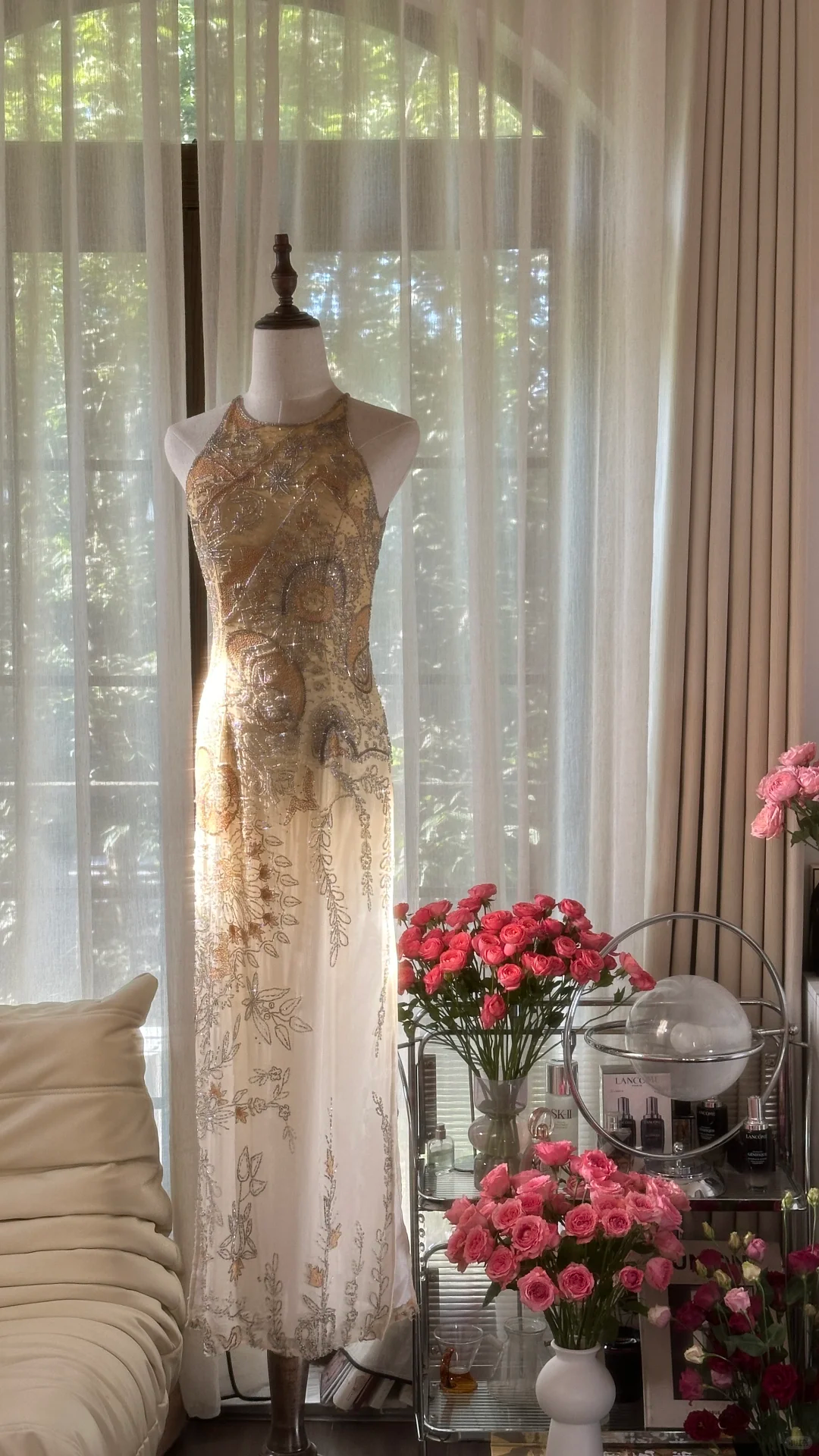 Vestido halter retro dorado con cuentas brillantes, elegante vestido de noche de gasa, vestidos de fiesta TP3986