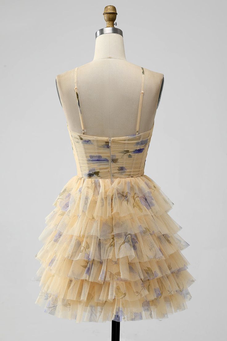 Vintage Yellow Floral Design A-line Spaghetti Strap Tiered Homecoming Dress TP3406