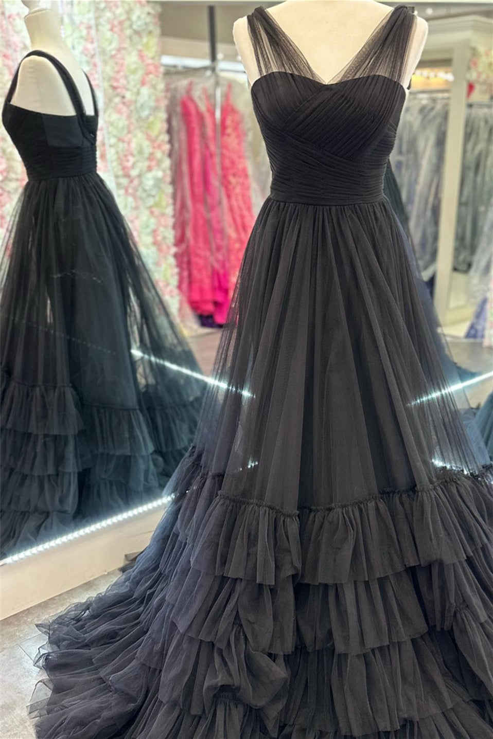 Layers Hot Pink Tulle Long Prom Dresses, Princess Formal Gown GP548
