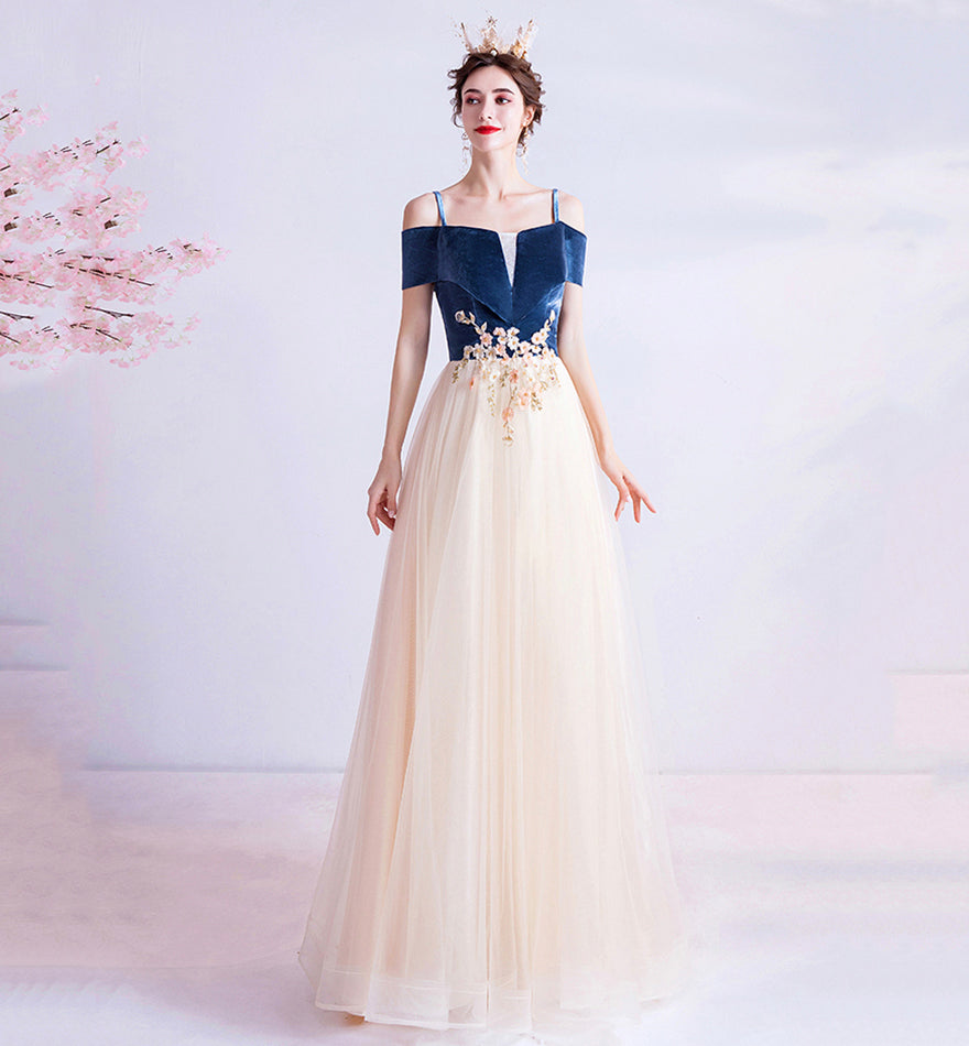 Blue velvet tulle long prom dress evening dress 8447