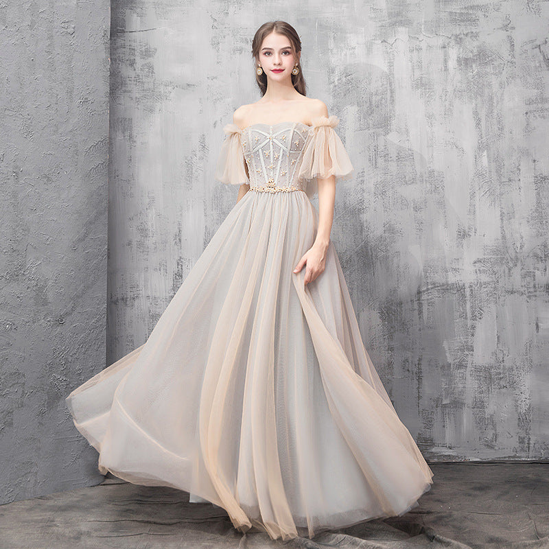 Champagne tulle beads prom dress evening dress 8494