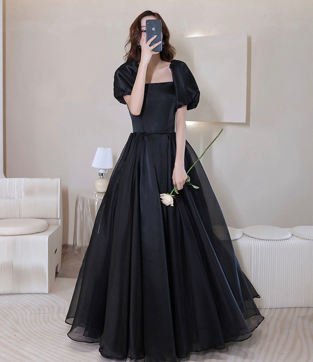 Black tulle long prom dress A line evening gown 10207