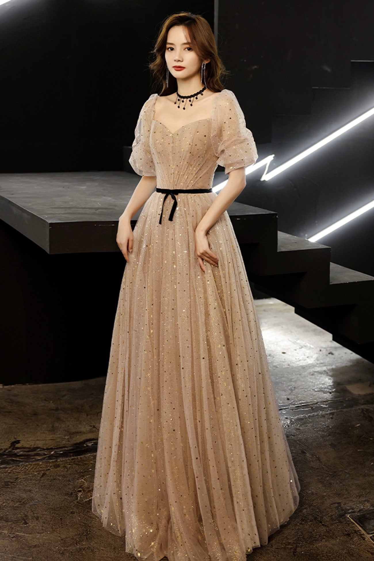 Cute tulle long prom dress A line evening gown 10177