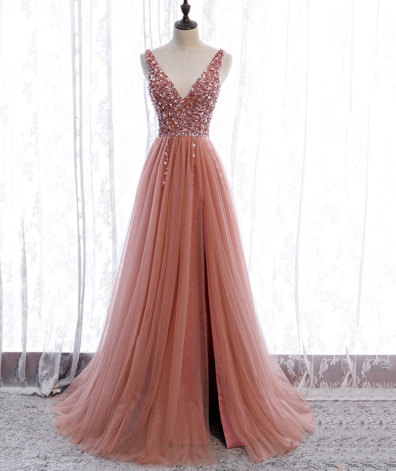 Pink v neck tulle beads prom dress A line evening dress 8377