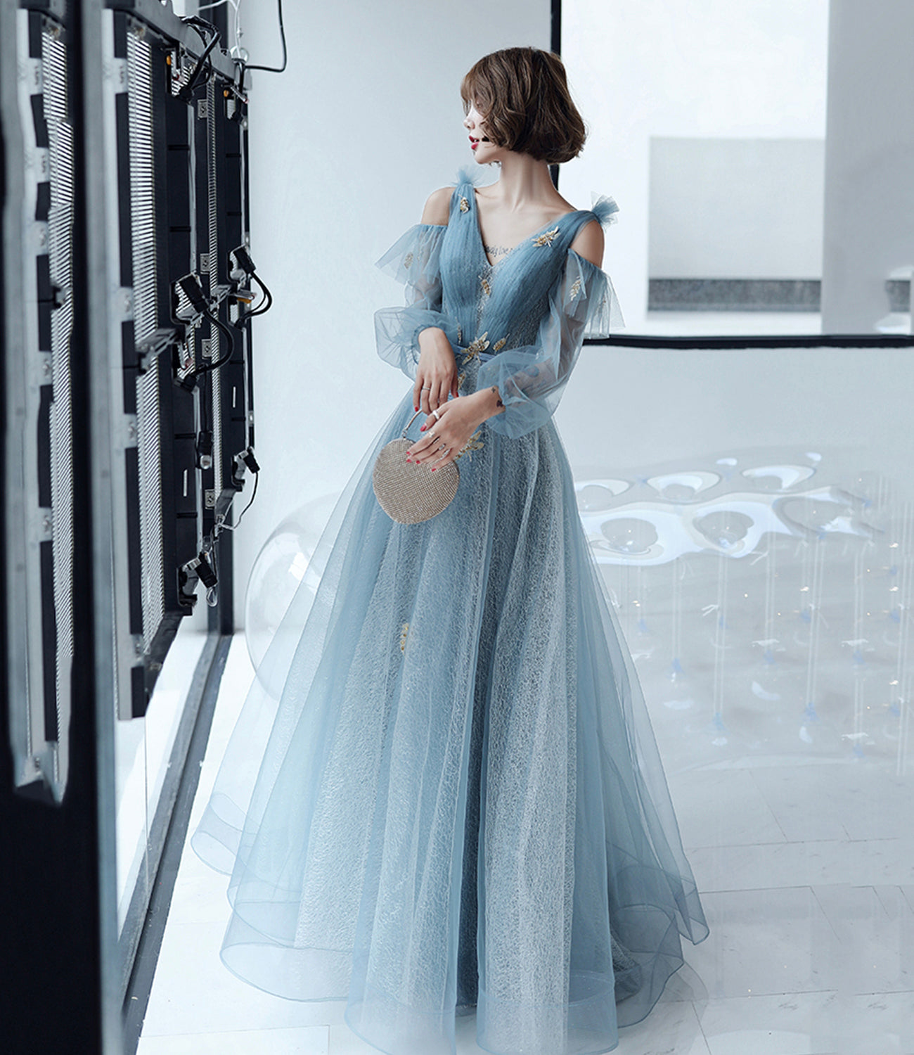 Blue tulle lace long A line prom dress evening dress 8827