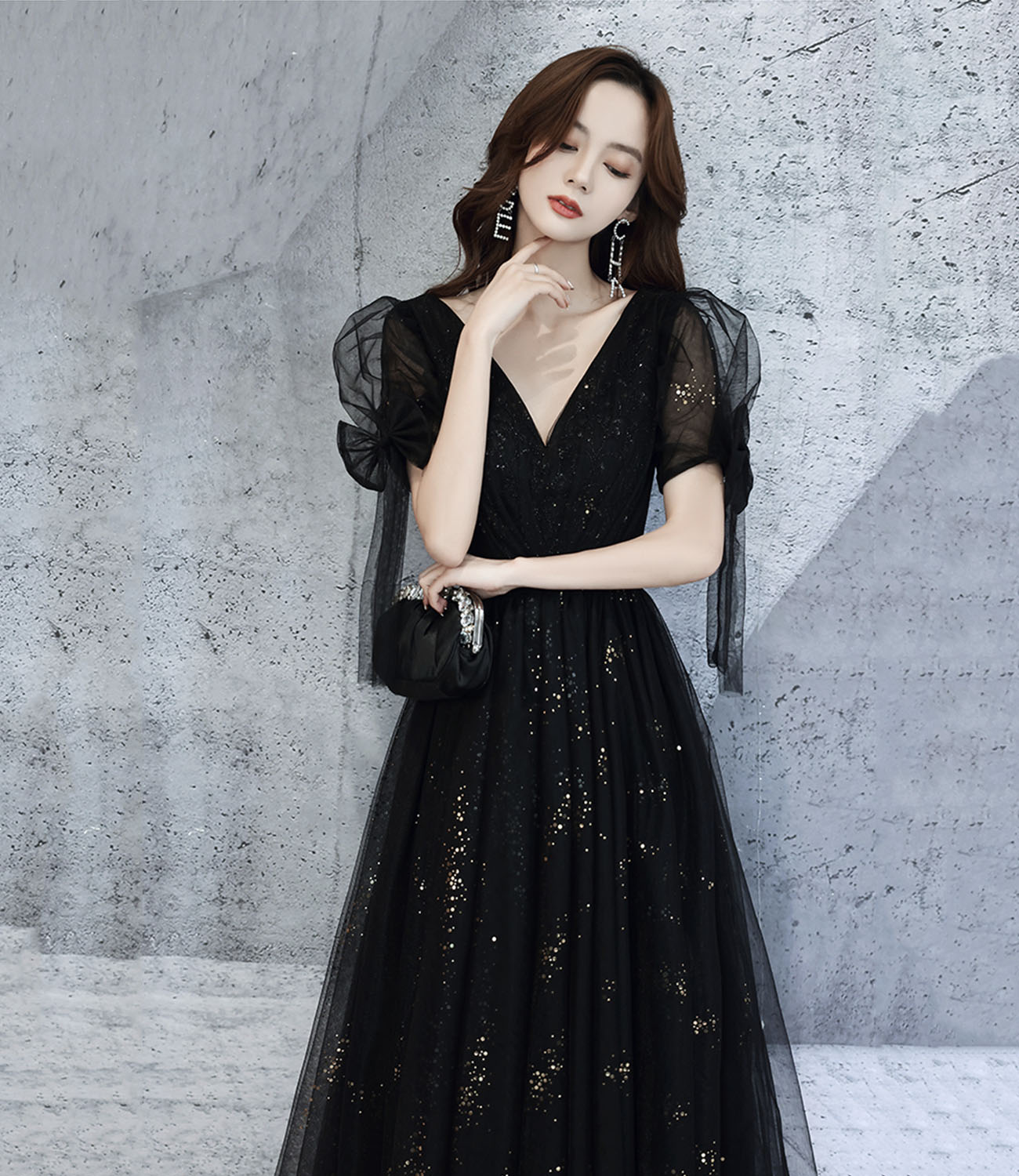 Black v neck tulle long prom dress A line evening dress 10318