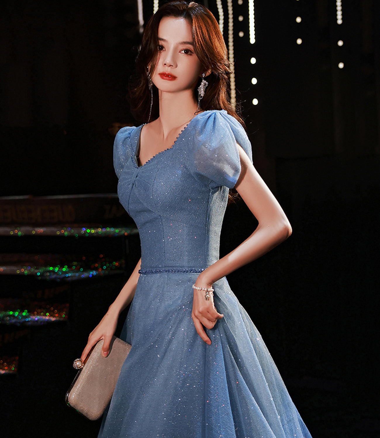 Blue tulle sequins long prom dress evening gown 10310