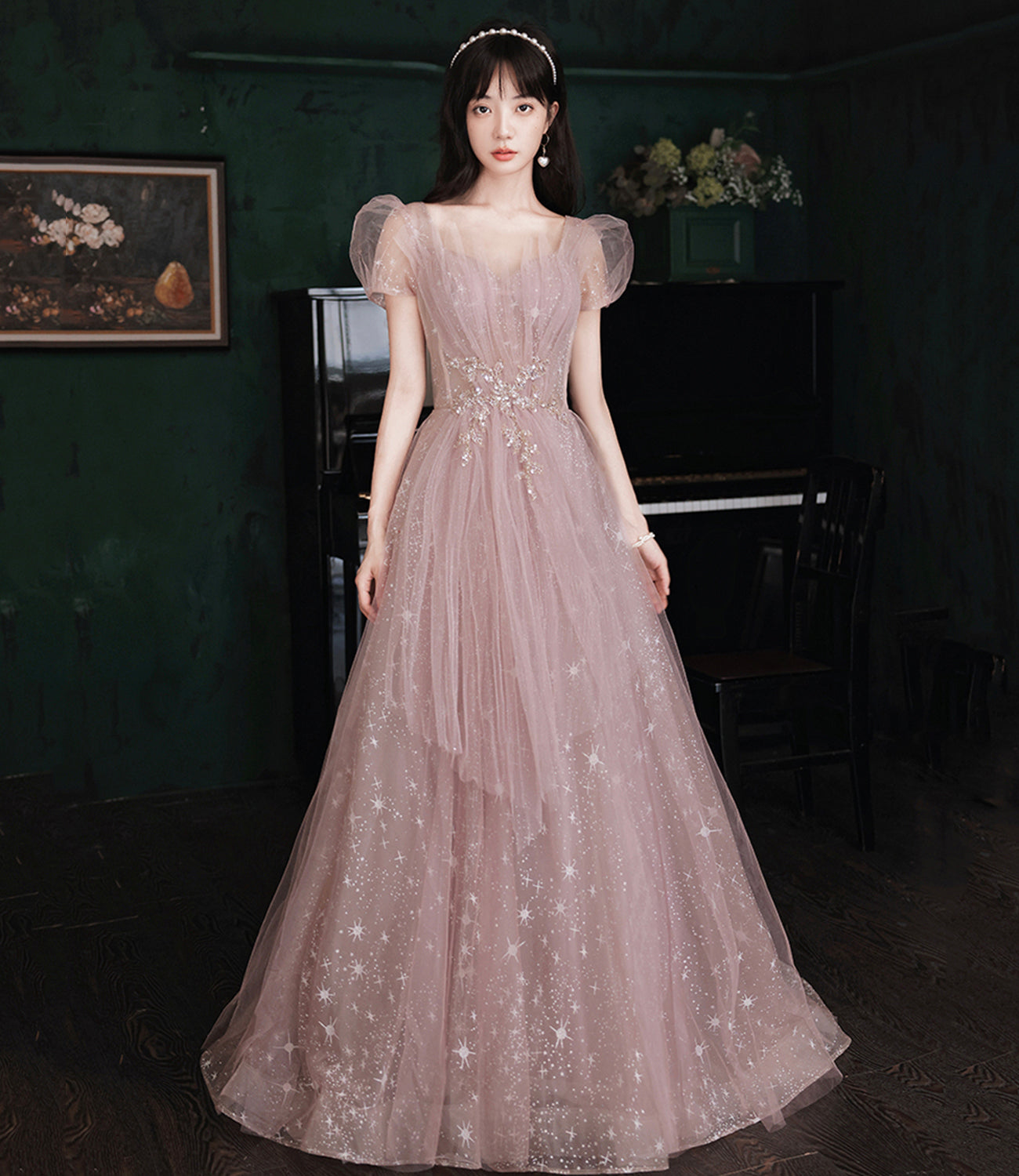 Pink tulle long prom dress A line evening gown 10490