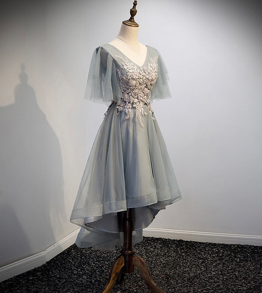 Gray tulle lace short prom dress high low evening dress 8555