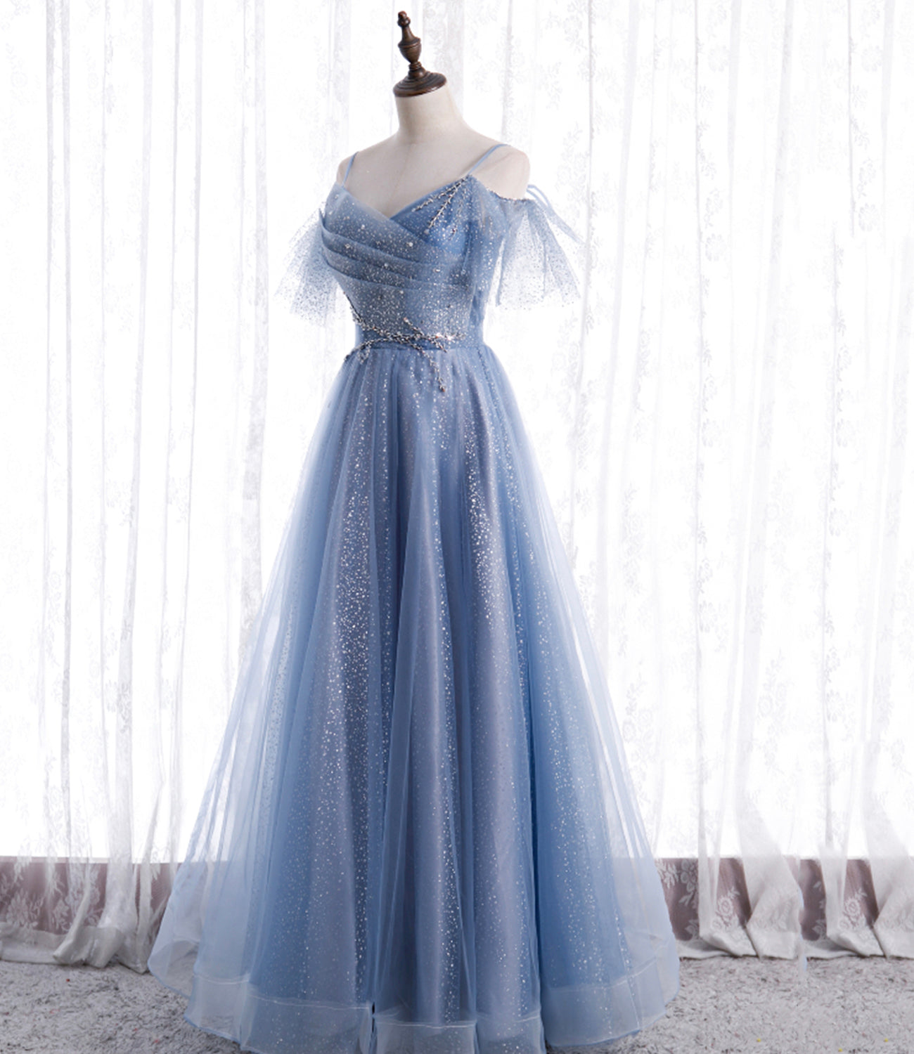 Blue tulle long A line prom dress fashion dress 8763