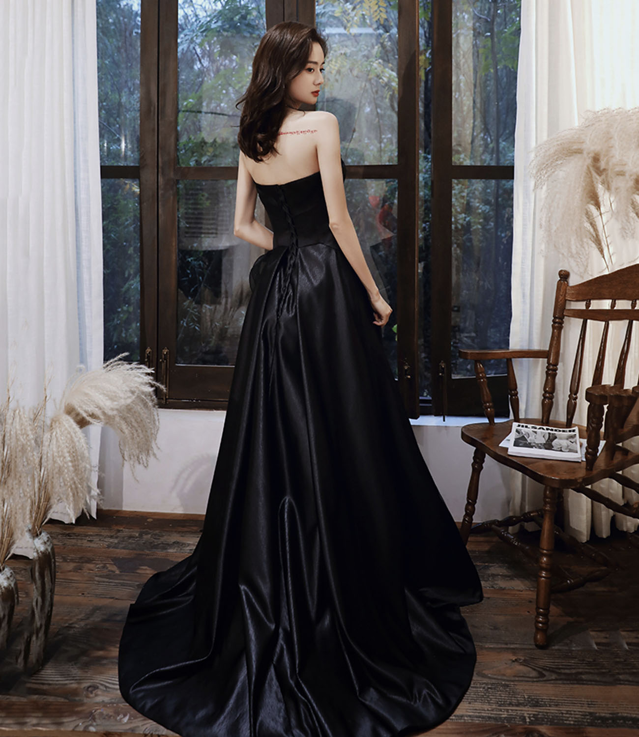 Black satin tulle high low prom dress evening dress 10443