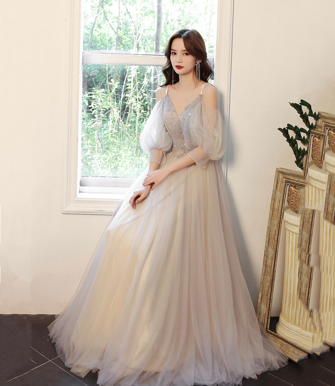 Cute tulle lace A line prom dress lace evening dress 10560