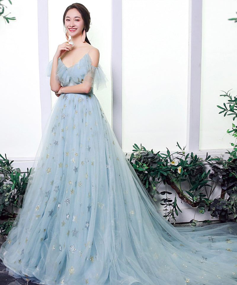Blue tulle sequins prom dress formal dress 8298