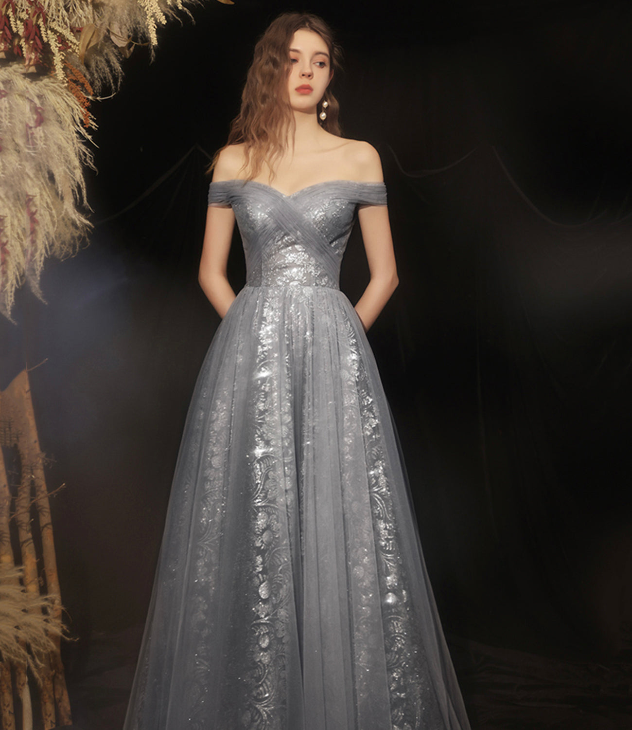 Grey long A line prom dress off shoulder evening dress 8592