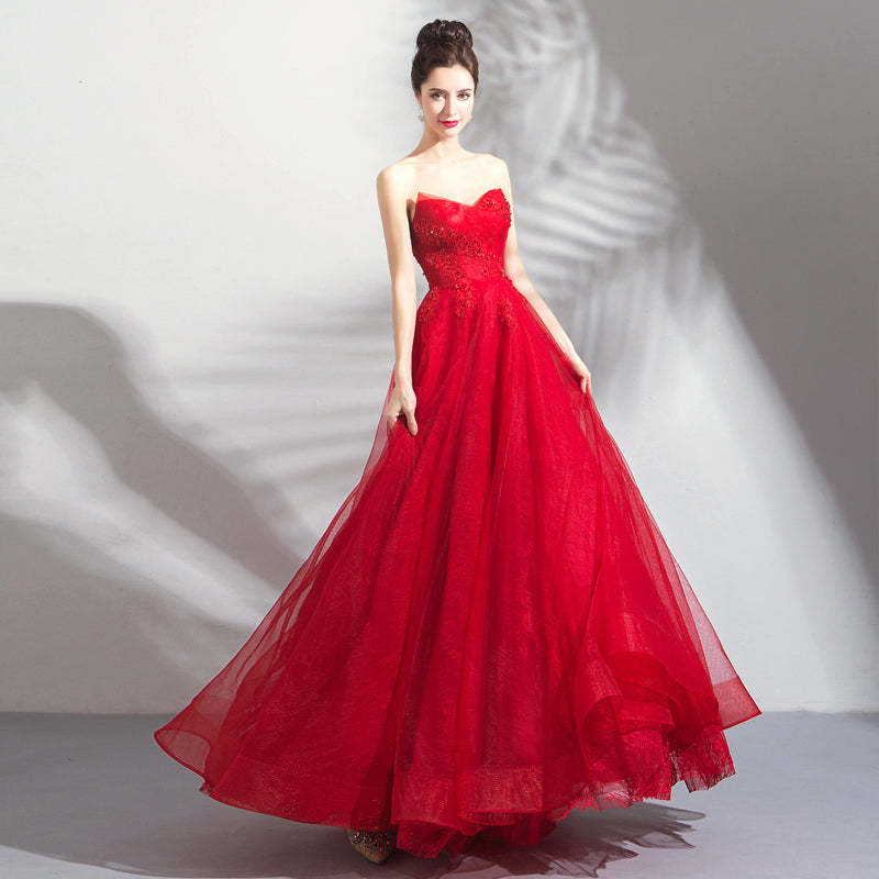 Red tulle long prom dress red evening dress 8297