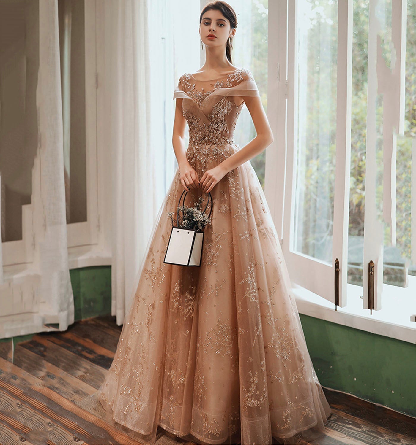 Shiny tulle sequins long prom dress formal dress 8977