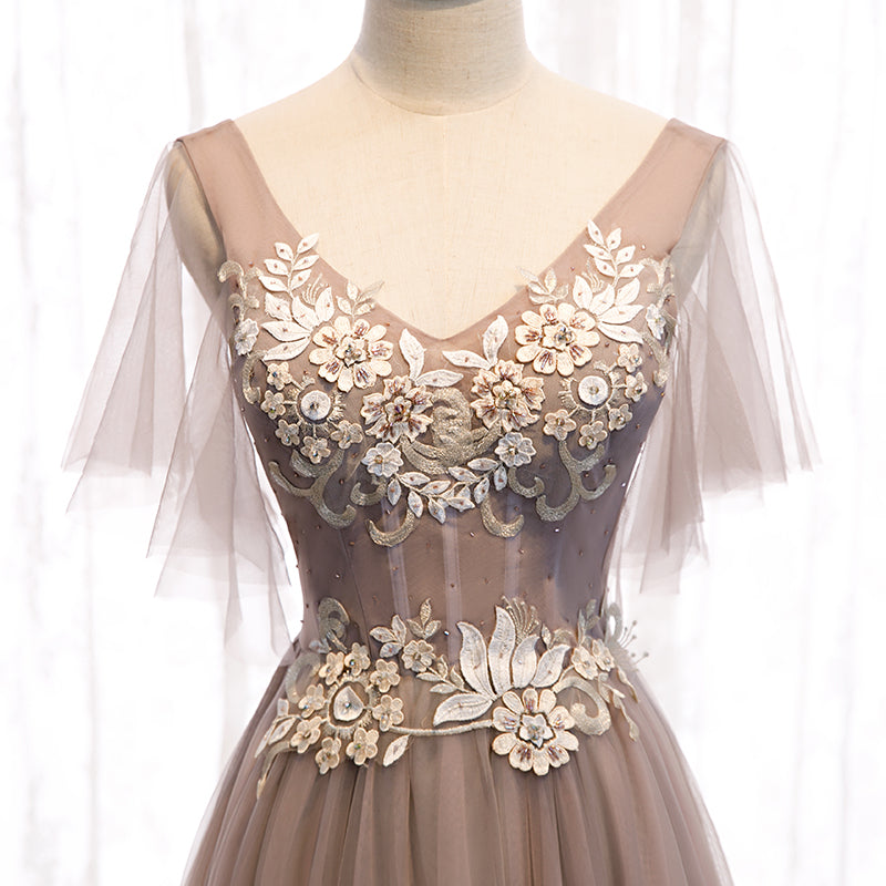 A line v neck lace long prom dress 8319
