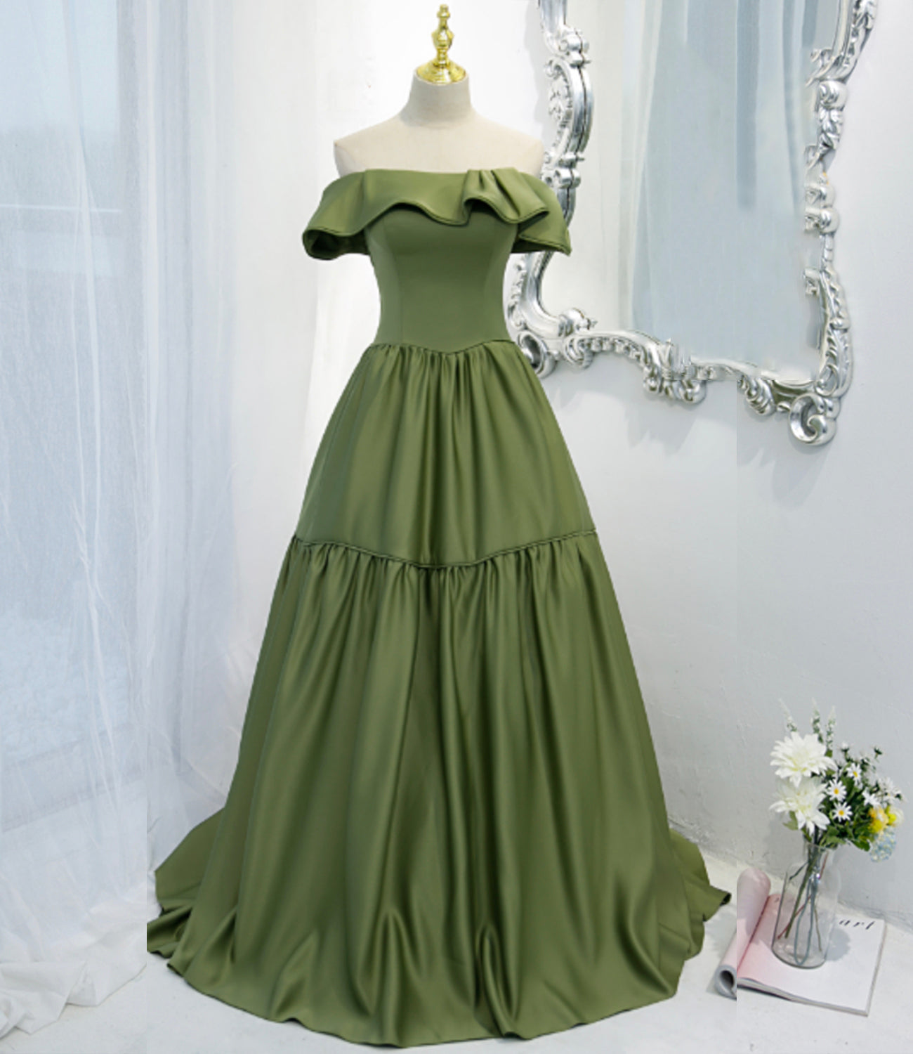 Green satin long A line prom dress green evening dress 8819