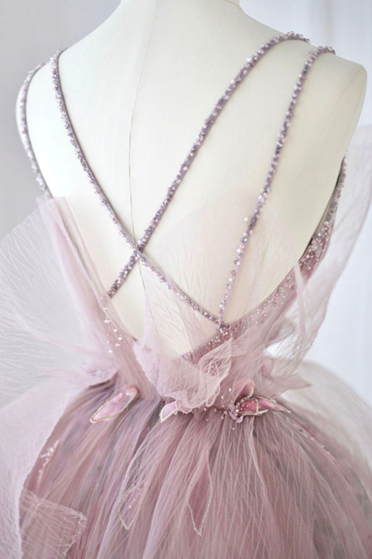 Pink tulle beads long prom dress A line evening dress 10643