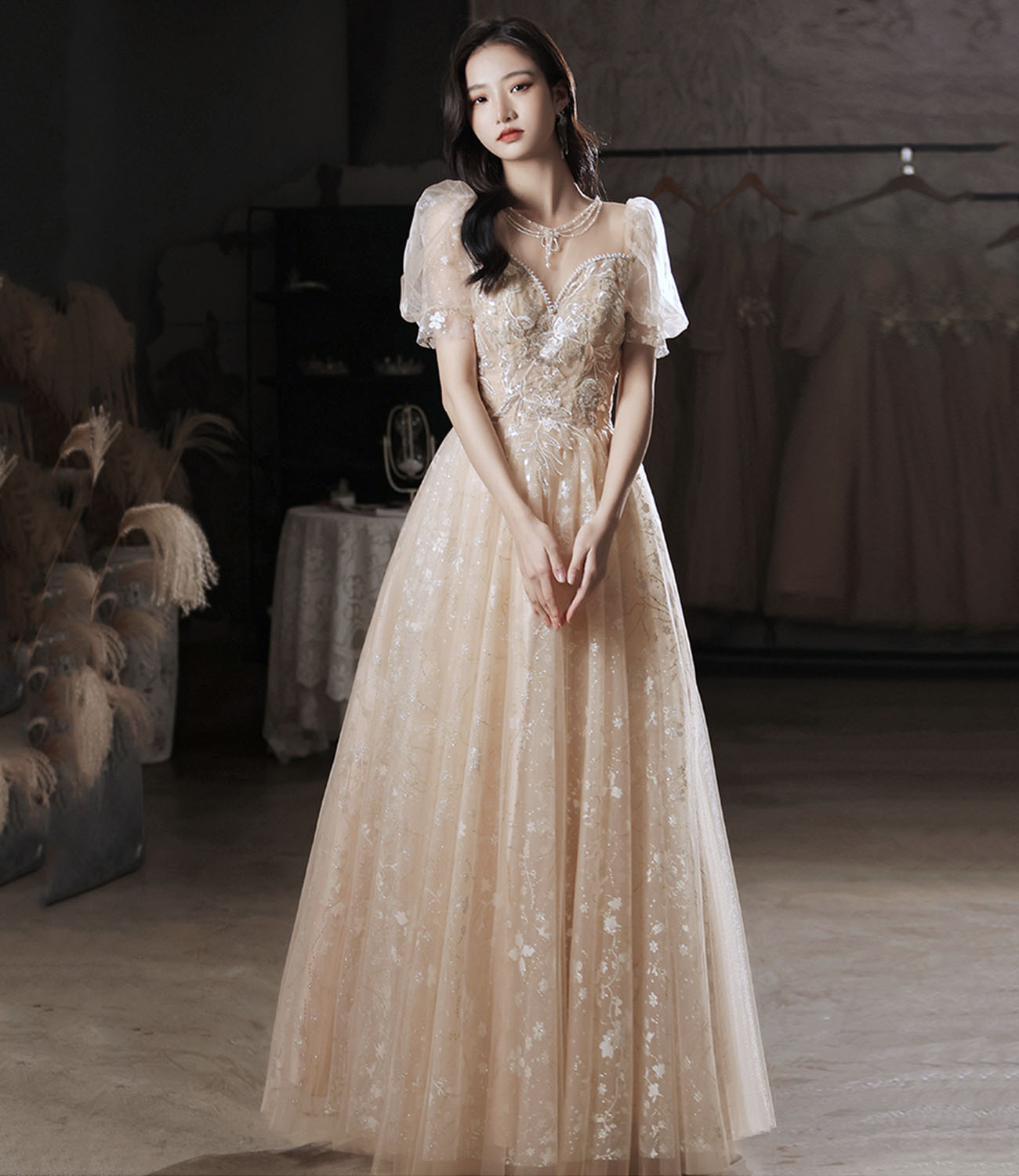 Champagne tulle sequins long prom dress evening dress 10325