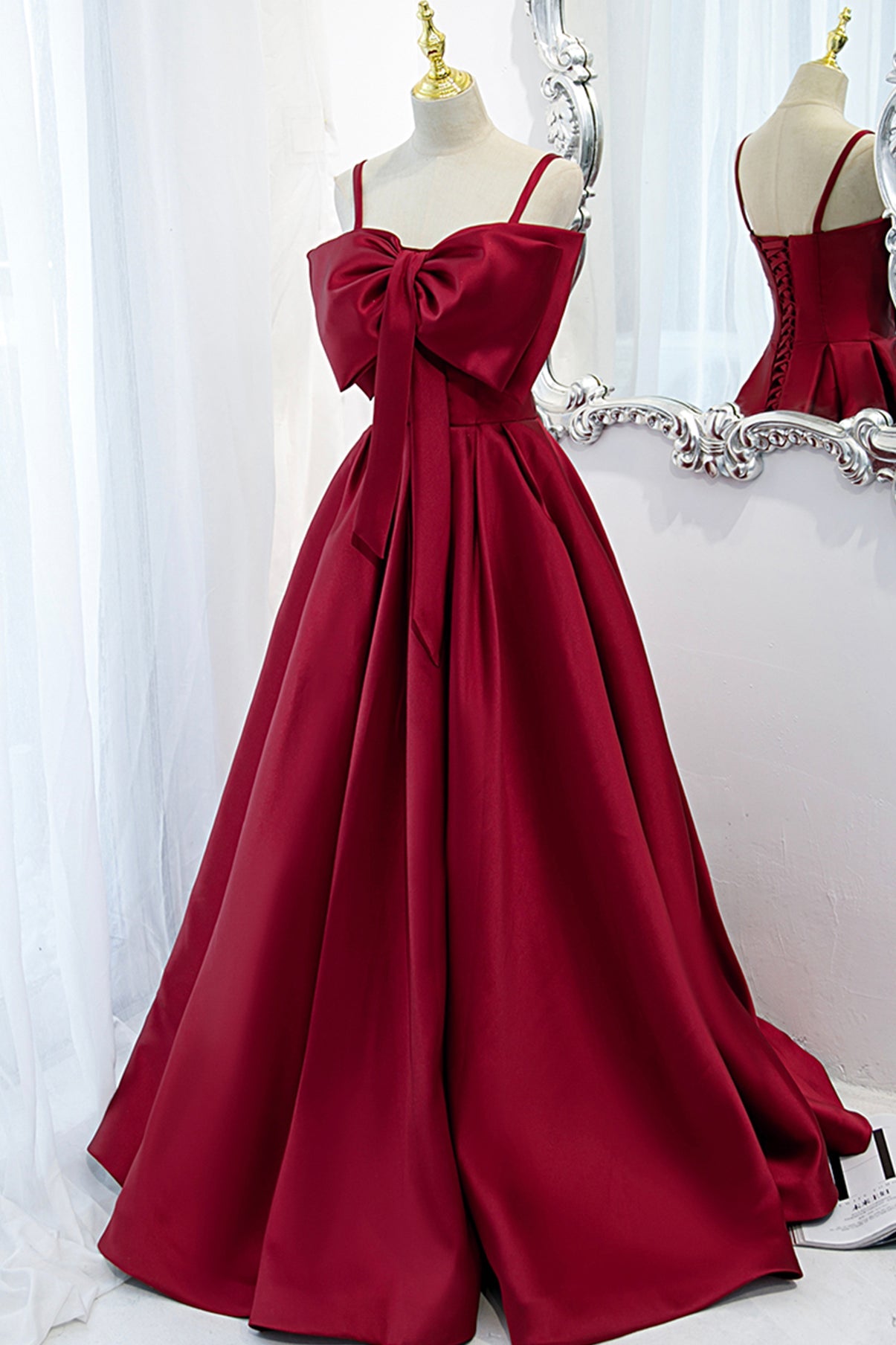 Burgundy satin long A line prom dress evening dress 8825