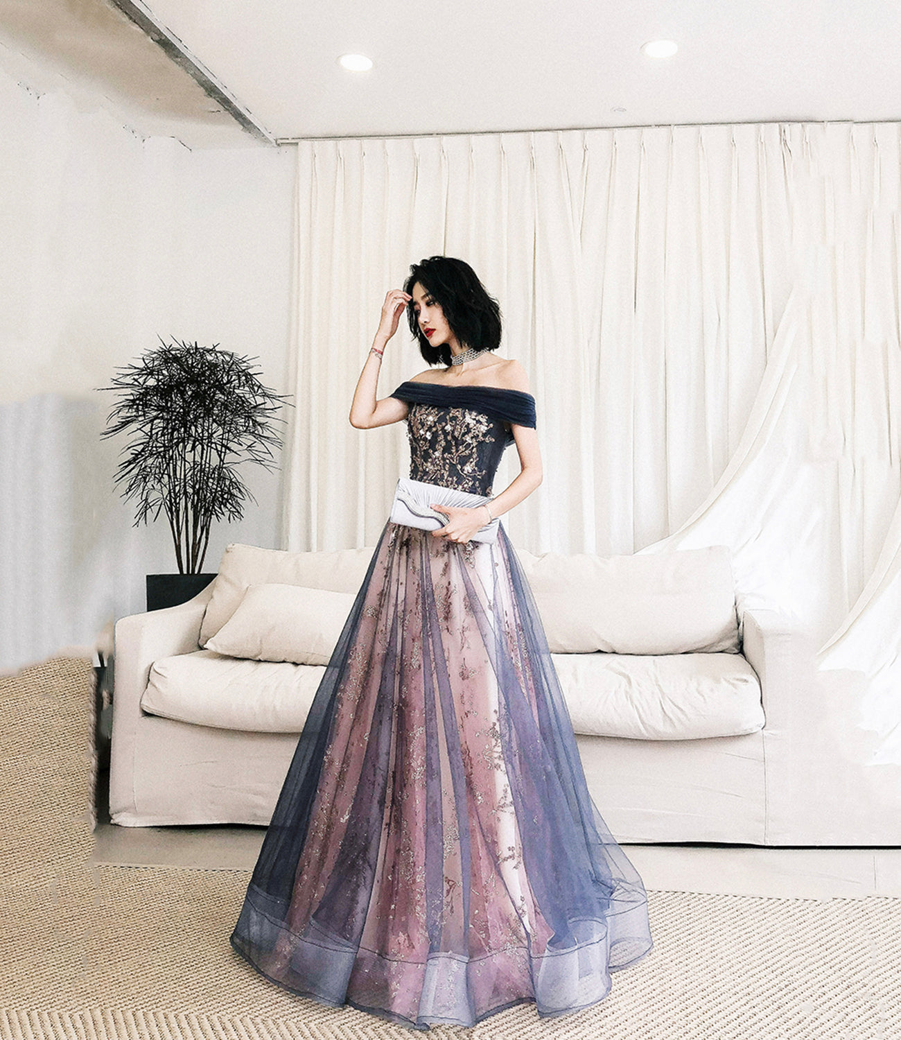 Blue tulle sequins long prom dress evening gown 10297