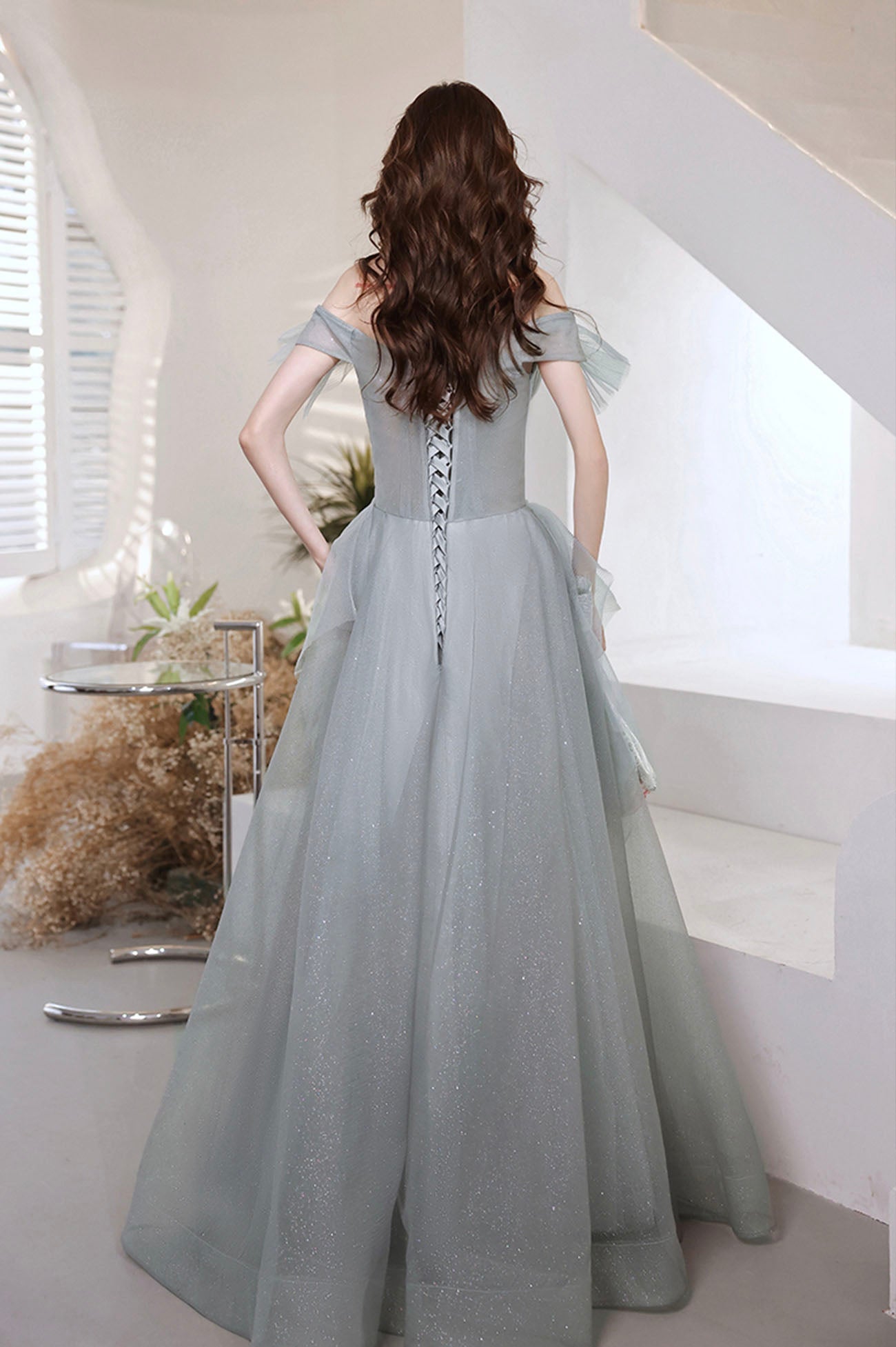 Gray tulle sequins long prom dress A line evening dress 10646