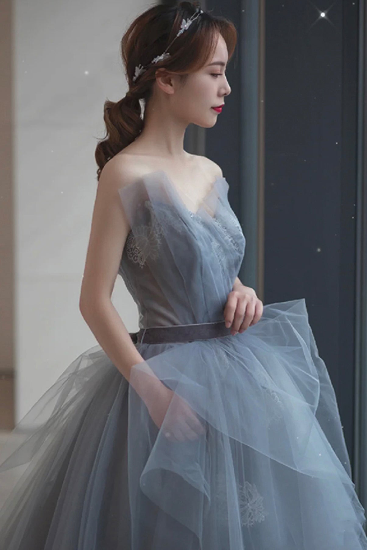 Blue tulle lace long ball gown dress blue evening dress 8766