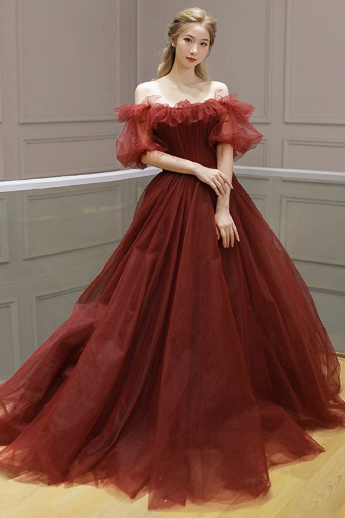 Burgundy tulle long prom dress A line evening dress 8579