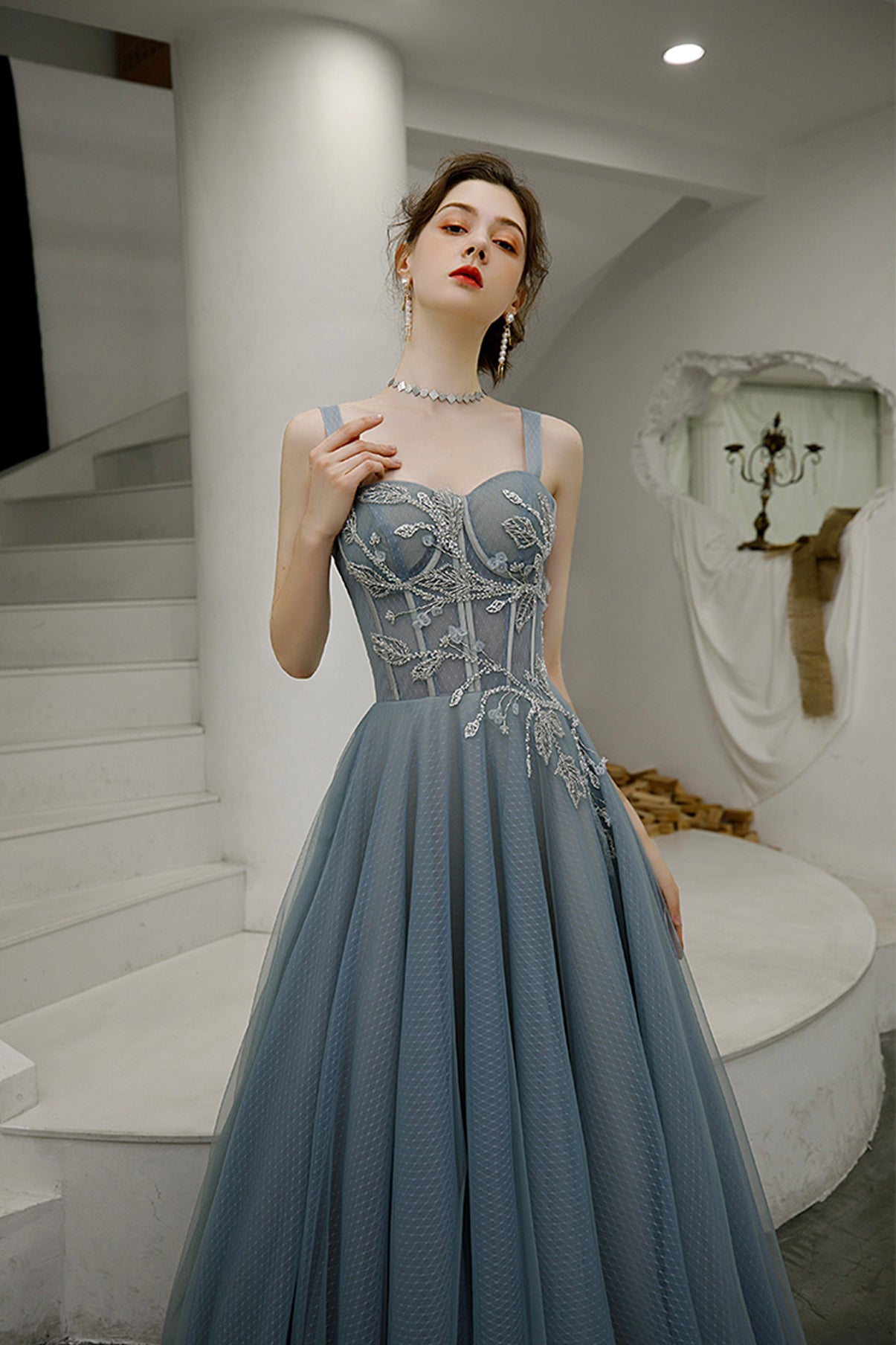 Cute tulle long A line prom dress evening dress 8561