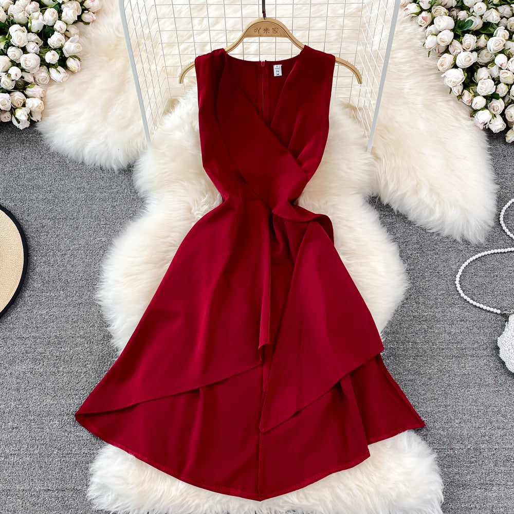 V-neck high waist slim Ruffle sleeveless A-line dress 11029