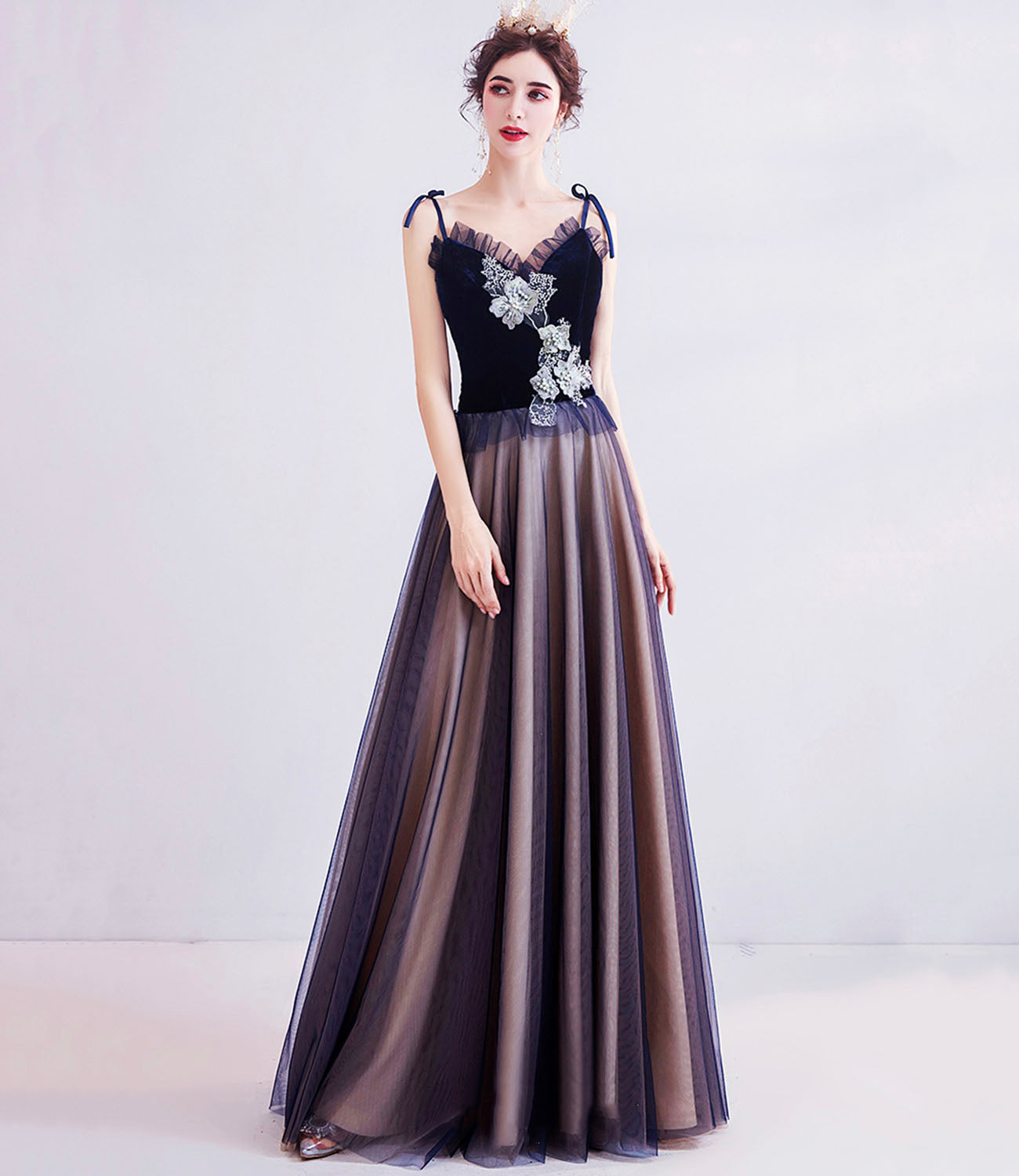 Blue tulle lace long prom dress blue evening dress 10617