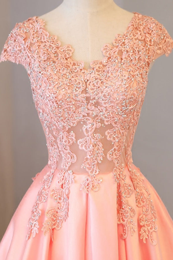A Line Cap Sleeve Pink Satin Prom Dress Lace Top Evening Dress,WP115
