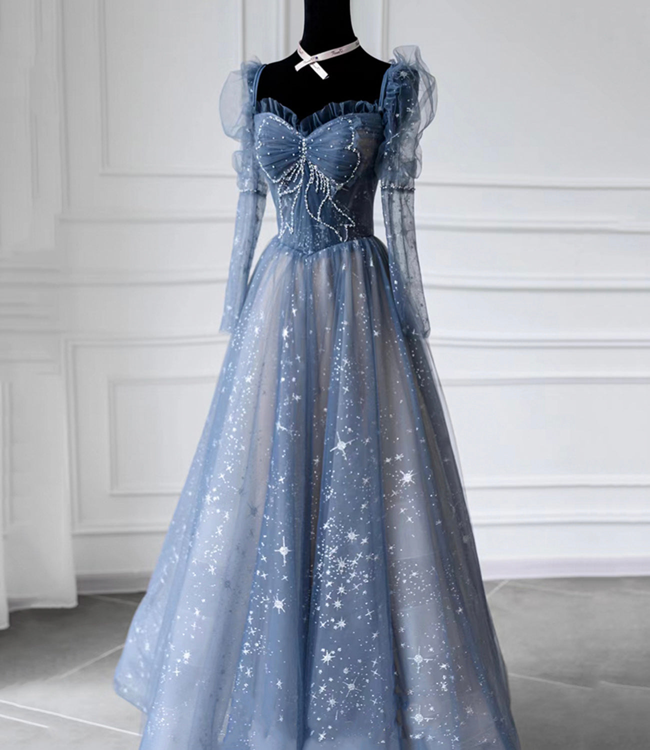 Blue tulle beads long prom dress A line evening dress 10402