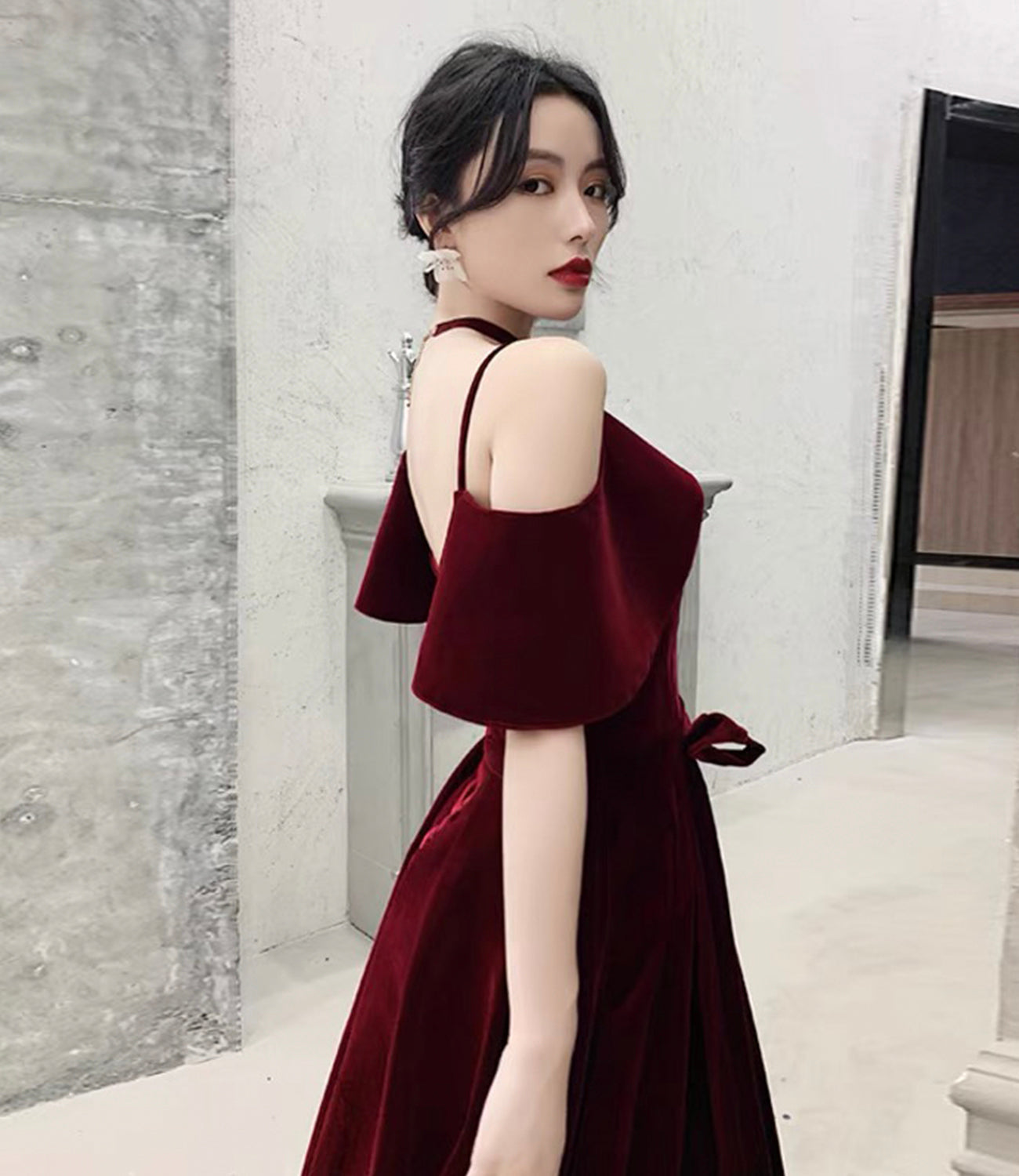 Burgundy velvet long prom dress A line evening gown 10370