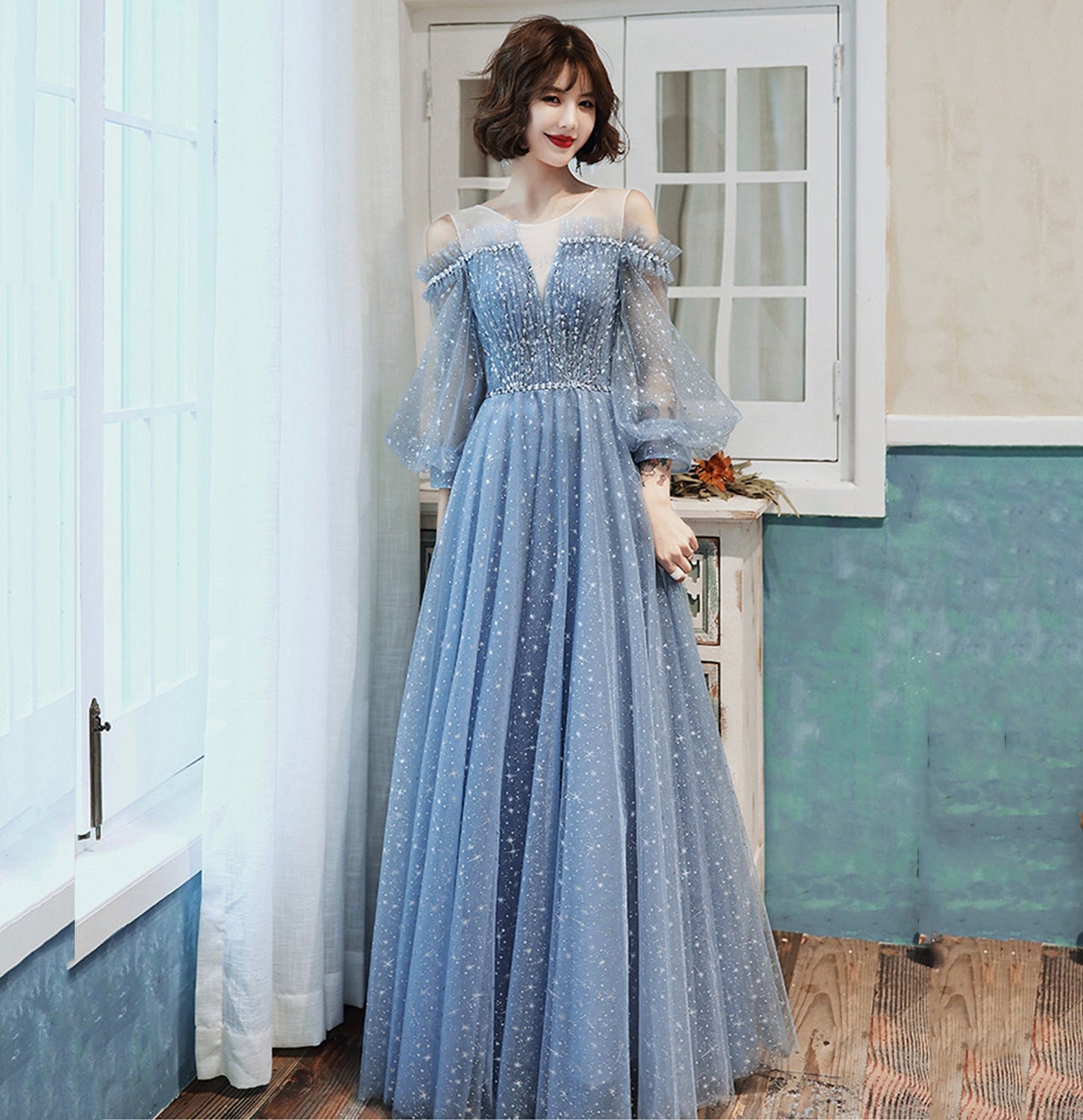 Blue tulle long prom dress A line evening gown 8955