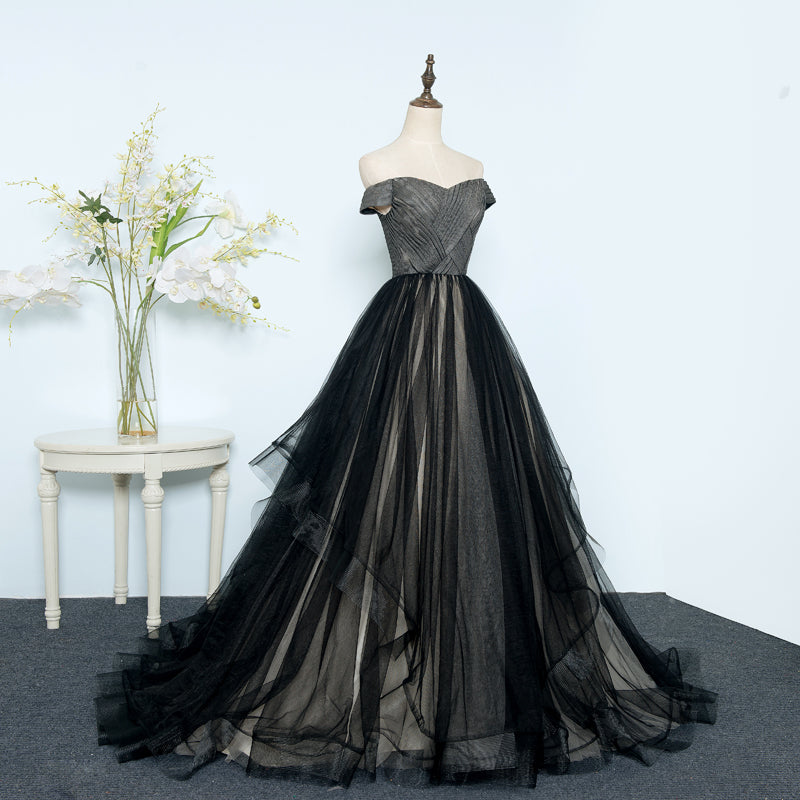 Black tulle long prom dress evening dress 8283