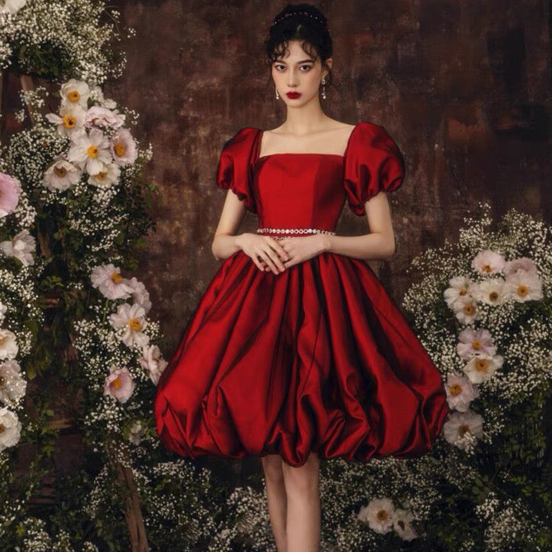 Burgundy satin short prom dress homecoming dress 8892
