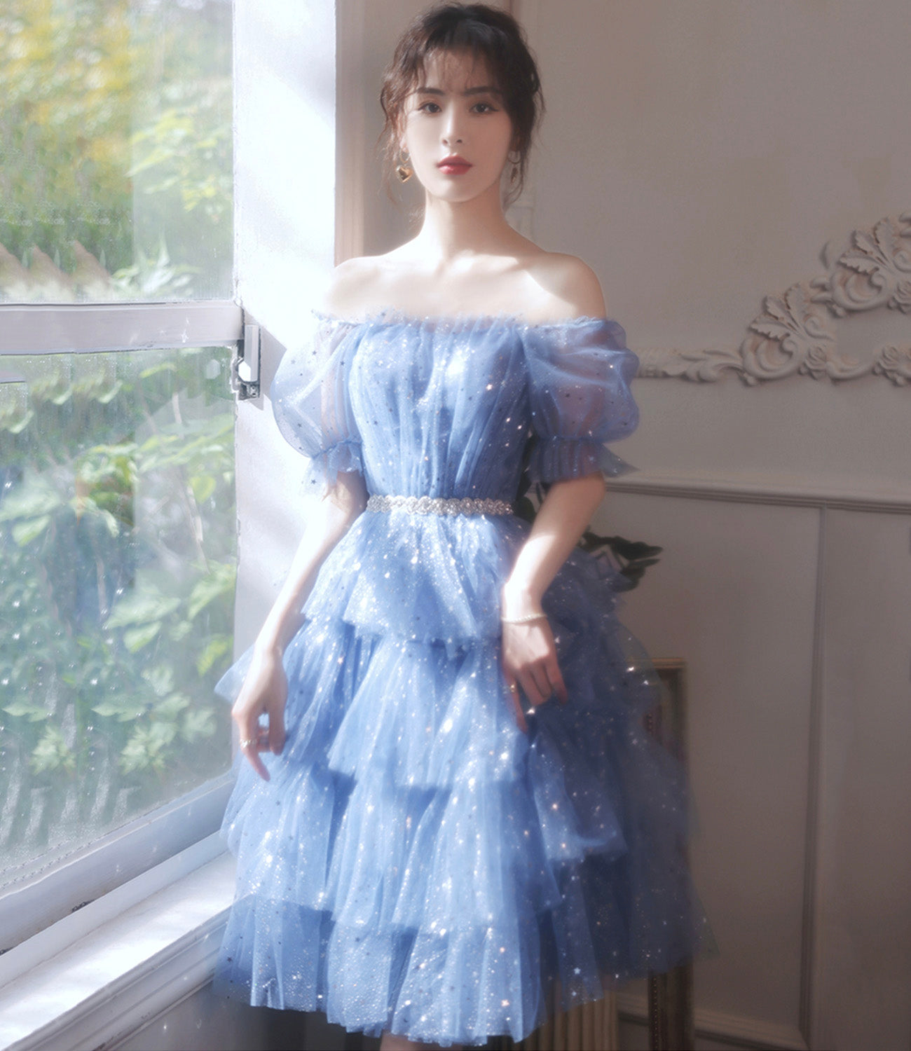 Blue tulle short A line prom dress homecoming dress 8897