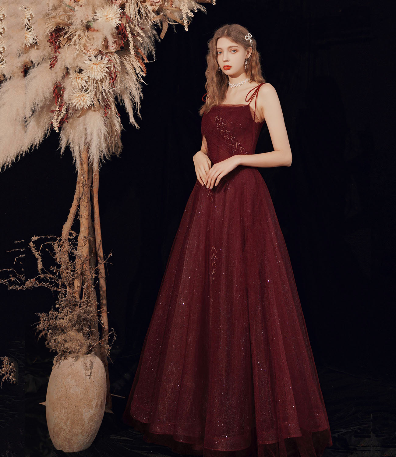 Burgundy tulle beads long prom dress evening dress 10418