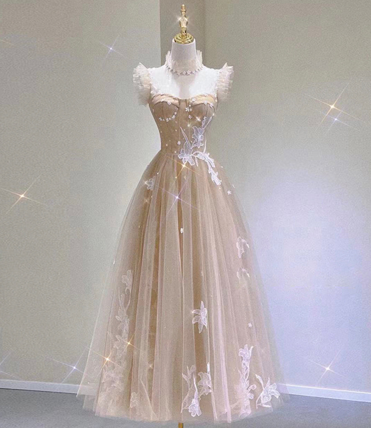 Champagne tulle lace tea length prom dress evening dress 10313