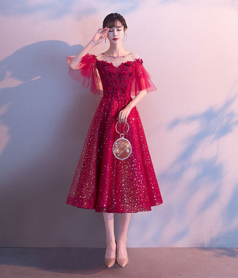 Burgundy tulle sequins prom dress evening dress 8339